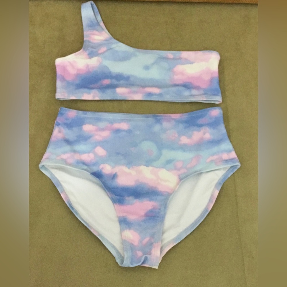 One-Shoulder Cloud Print Bikini Set in Pastel Blue & Pink - K506